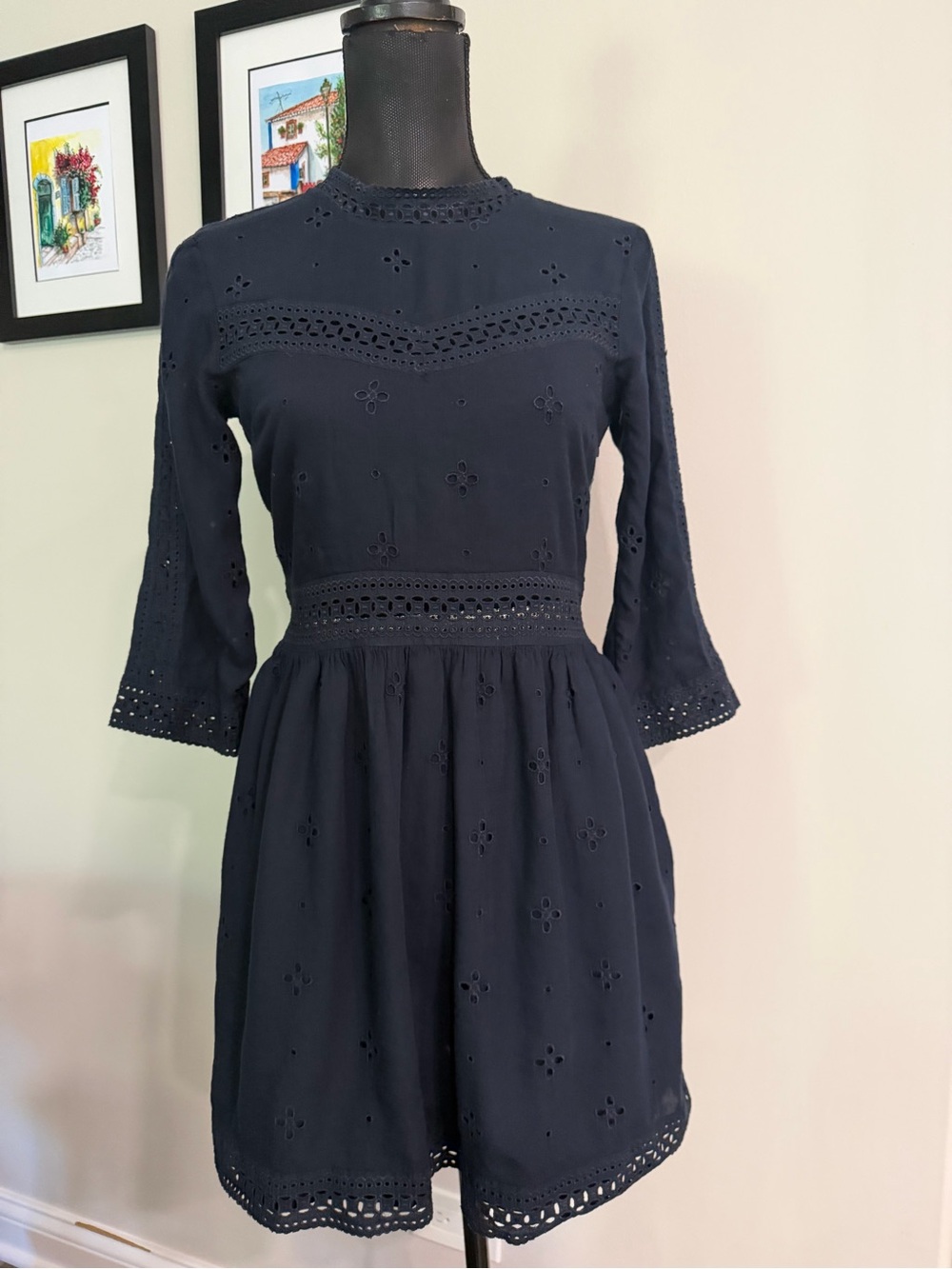 Abercrombie & Fitch Women’s Navy Eyelet Lace-Trim 3/4 Sleeve Mini Dress XS